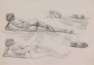 Foglio di schizzi con studi di una donna nuda con capelli raccolti