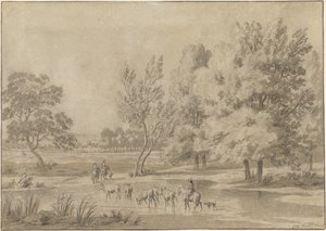 Paesaggio con alberi, cavalieri e alcune mucche in un abbeveratoio da Jan Laurensz. van der Vinne