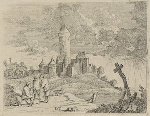 Paesaggio con castello e tre uomini da Jan Lauwryn Krafft (I) (possibly)
