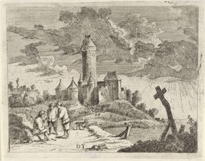 Paesaggio con castello e tre uomini da Jan Lauwryn Krafft (I) (possibly)