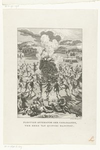 Abitanti originali del Canada offrono a Gitche Manitou (Plegtige offerande der Canadaanen, ter eere di Quitchi Manitou, Religioni)