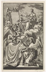 Figura allegorica femminile scrive un pannello tra le nuvole da Jan Luyken
