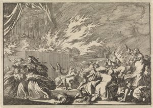 Incendio di un capannone di legno durante una rappresentazione teatrale vicino al castello di Amalienborg a Copenaghen, 1689 da Jan Luyken