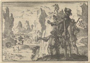 Spagnoli armati guardano giù dalle rocce su persone completamente selvagge, ca. 1600 da Jan Luyken