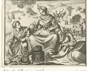 Salute (Sanitas) affiancata da una donna malata e una donna che raccoglie erbe da Jan Luyken