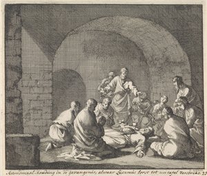 San Luciano celebra la cena in prigione da Jan Luyken