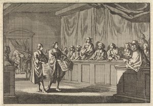 Predicatori riformati Gilly e Courdil leggono una dichiarazione al sinodo di Sorges per passare alla chiesa cattolica, 3 giugno 1683 da Jan Luyken