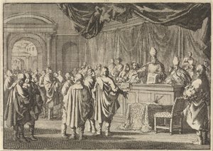Riformati in Ungheria davanti a un tribunale di vescovi e altri cattolici, 1670 da Jan Luyken