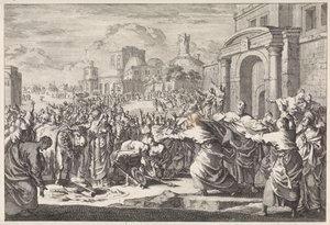 Gli abitanti di Listra vogliono sacrificare buoi ai due apostoli da Jan Luyken