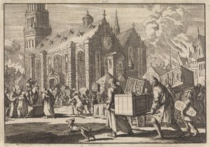 Gli abitanti di Spira portano fiduciosi i loro mobili al Duomo dove vengono poi bruciati dal generale francese Monclar, 1689 da Jan Luyken