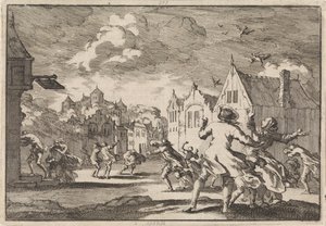 Gli abitanti di un villaggio vicino al castello di Luchow a Lüneburg sono colpiti da un tornado che fa cadere gli uccelli morti dal cielo, 1671 da Jan Luyken