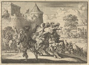 Il comandante imperiale Dampier cade dal cavallo dopo un colpo dalle mura di Presburgo (Bratislava), 1620 da Jan Luyken