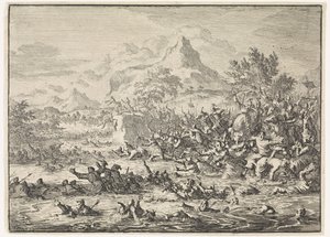 Placidus sconfigge gli ebrei al Giordano e li spinge nel fiume da Jan Luyken