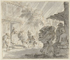Veduta di strada con vento forte e pioggia da Jan Luyken