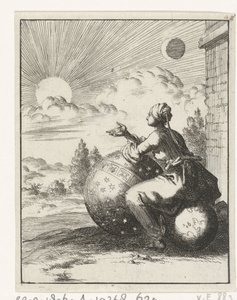 Donna seduta su un globo terrestre e appoggiata a un globo celeste che guarda il tramonto da Jan Luyken