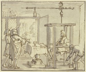 Due medici fanno pesare un uomo su una bilancia dopo il pasto da Jan Luyken