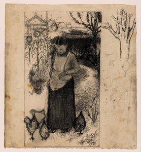 Annie Mankes-Zernike che nutre i polli, a destra: studi di un albero e di polli da Jan Mankes