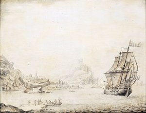 Una nave britannica al largo della costa di Satalia, circondata da una costa rocciosa, con antiche mura cittadine e minareti da Jan Peeters