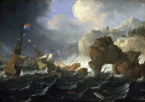 Una nave olandese e un galeone arenati su una costa rocciosa nella tempesta