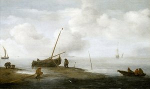 Pesca di cozze, una barca da pesca sulla riva e tre uomini impegnati a raccogliere cozze nei loro cesti da Jan Porcellis