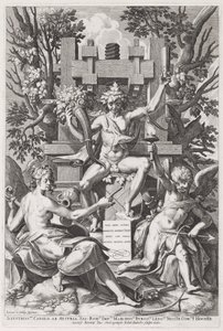 Bacco Seduto su una Botte tra Amore e Musica da Jan Sadeler I, after Joos van Winghe
