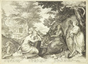 Le vergini sagge raccolte in un paesaggio, sullo sfondo Giovanni Battista che predica da Jan Saenredam