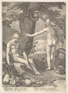 Eva che dà ad Adamo il frutto proibito, dalla Storia di Adamo ed Eva da Jan Saenredam