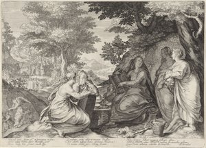 Cinque vergini sagge in un paesaggio con la predicazione di Giovanni Battista (serie Parabola delle vergini sagge e stolte) da Jan Saenredam