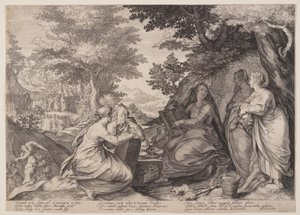 Le vergini sagge si riuniscono in un paesaggio davanti alla predicazione del Battista, dalla Parabola delle vergini sagge e stolte