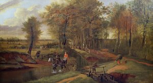 Paesaggio Fluviale Boschivo con Figure, Cavallo e Carro