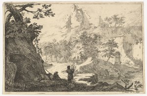 Paesaggio con rovine di un castello su una collina
