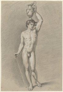 Nudo maschile in piedi con un vaso sulla testa