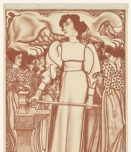 Lavoro per la donna. Biglietti della Mostra nazionale del lavoro femminile a 50 centesimi sul terreno e nei depositi disponibili. Primo premio un gioiello del valore di f.1000,- da Jan Toorop