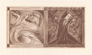 Copertina per Wendingen con una suora con fiori e due spiriti, uno dei quali con una maschera in mano