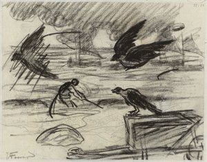 Veduta marina con pescatore, in primo piano una carriola con uccelli da Jan Toorop