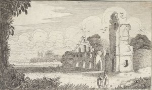 Paesaggio con una chiesa in rovina e due pastori in conversazione da Jan Van de Velde