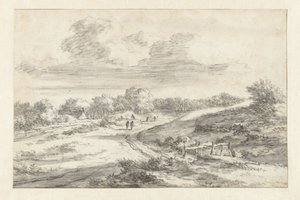 Paesaggio di dune con figure lungo una strada, con un cottage in lontananza da Jan Vermeer van Haarlem (I) (attributed to)