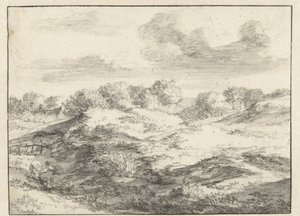 Paesaggio di dune, con un cottage in lontananza
