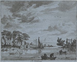 Attività su un fiume (Landschappen van de omgeving van Haarlem, Gesigten buijten Haarlem, Gedaan door. J.V.V.) da Jan Vincentsz. van der Vinne
