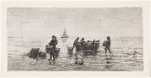 Pescatori che svuotano una barca sulla spiaggia da Johannes Martinus Vrolijk