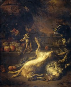 Una scimmia e un cane con selvaggina morta e frutta