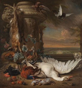 Natura morta di caccia e frutta accanto a un vaso da giardino, con una scimmia, un cane e due colombe, in lontananza Rijksdorp vicino a Wassenaar, sede di Jacob Emmery, barone di Wassenaar da Jan Baptist Weenix
