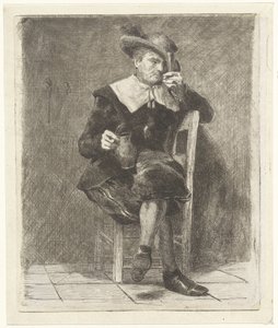 Uomo con brocca e bicchiere su una sedia da Jan Weissenbruch