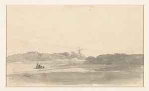 Paesaggio di pascolo con carro di fieno e mulino a vento