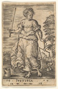 Giustizia, una figura allegorica che tiene una bilancia nella mano sinistra e una spada nella destra, 1579