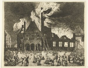 Il vecchio municipio di Amsterdam in fiamme da Jan de Baen