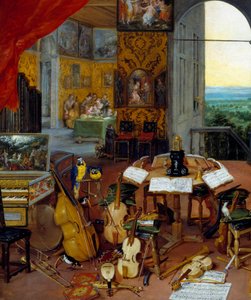 Dettaglio udito che rappresenta strumenti musicali (violoncello, violino, liuto, flauto, clavicembalo). da Jan the Elder Brueghel