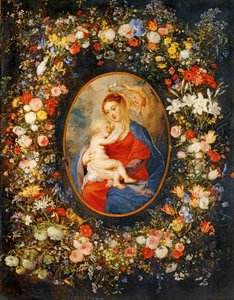 La Vergine, il bambino Gesù e gli angeli al centro di una ghirlanda di fiori. Medaglione di Rubens ... da Jan the Elder Brueghel
