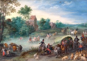 Viaggiatori su una strada di campagna, con bestiame e maiali da Jan the Elder Brueghel