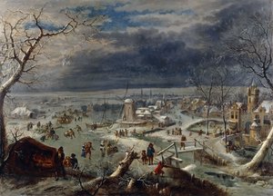 Paesaggio invernale con pattinatori su un corso d